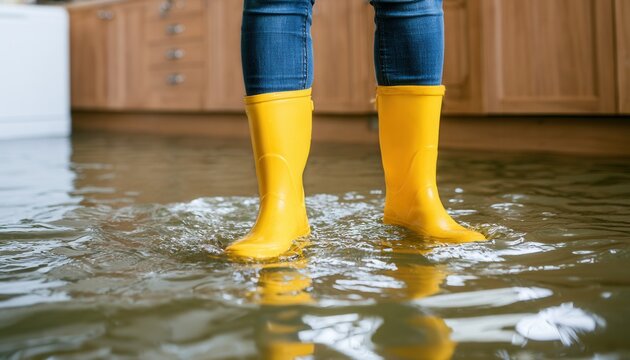 Water covers the floor as a person stands in yellow boots in a flooded room