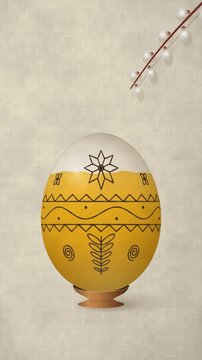 Vertical video of a white Easter egg decorated with wax and yellow, red and black dye, revealing a traditional Ukrainian pysanka ornament, seamless loop