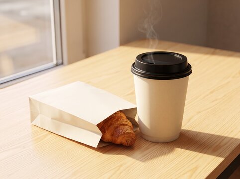 Steaming hot coffee in a paper cup and a fresh croissant in a white bag on a wooden table near a sunny window.