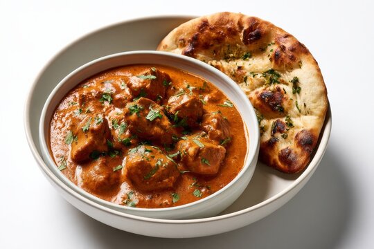 Traditional Indian Butter Chicken Curry with Garlic Naan Bread in White Ceramic Bowl Isolated on White Background Asian Food Concept