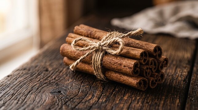 Bundle of cinnamon sticks tied with rustic twine