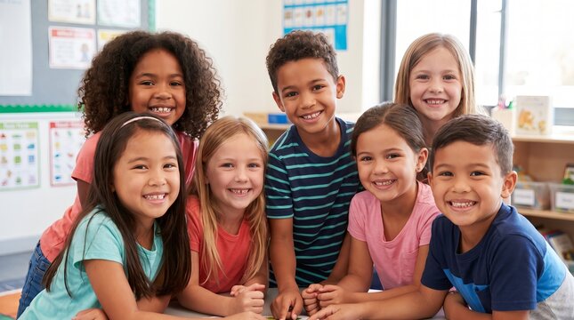 Diverse group of cheerful multiethnic children smiling and enjoying time together indoors, representing friendship, inclusion, education, happiness, teamwork, and childhood learning