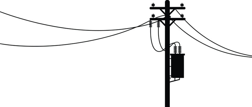 Black silhouette of a single utility pole with a transformer and multiple power lines extending across the frame isolated on a white background