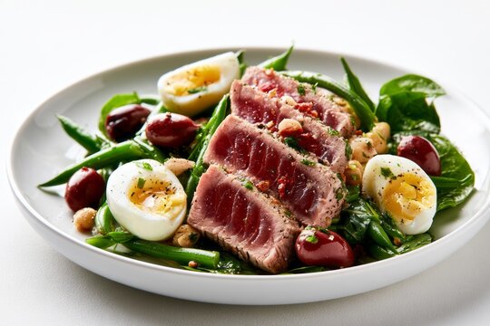 Fresh Gourmet Nicoise Salad with Sliced Seared Tuna Steak Boiled Eggs Green Beans and Olives on White Ceramic Plate Food Concept