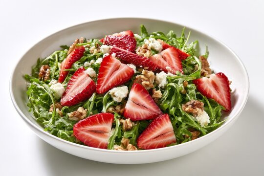 Fresh Strawberry Salad with Arugula Crumbled Goat Cheese and Walnuts in White Ceramic Bowl Healthy Vegan Food Concept