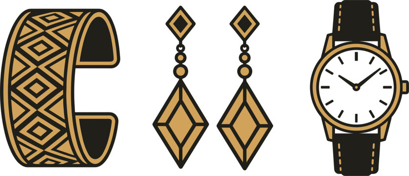 Luxury golden jewelry set featuring open cuff bracelet geometric dangle earrings and classic wrist watch