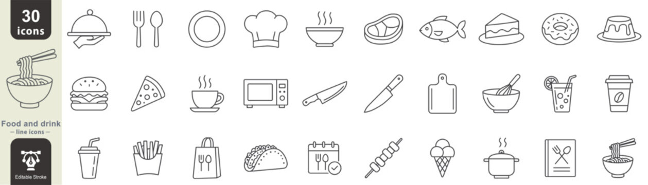 Food and drink line icon set including restaurant, cooking, meal, beverage, dessert, kitchen, and dining symbols in editable stroke style