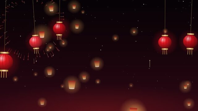 Red lanterns float upward against starry night sky