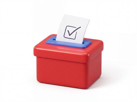 Red ballot box with a white paper showing a checkmark symbol being inserted for voting in a clean studio setting