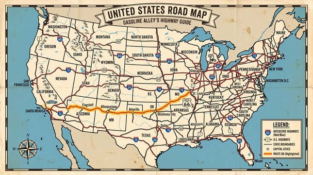 Vintage US Road Map With Route 66