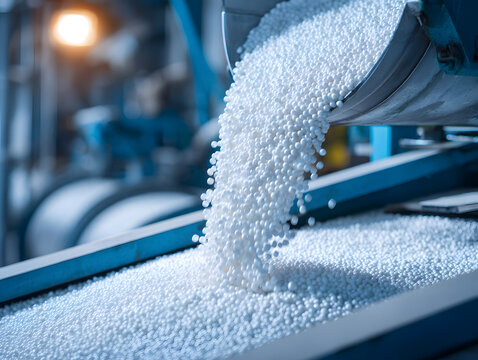 Chemical fertilizer granule flowing from industrial granulation machine onto conveyor belt in modern production facility