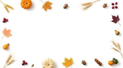 Fototapeta premium Autumn floral border with colorful leaves berries and dried flowers on white background