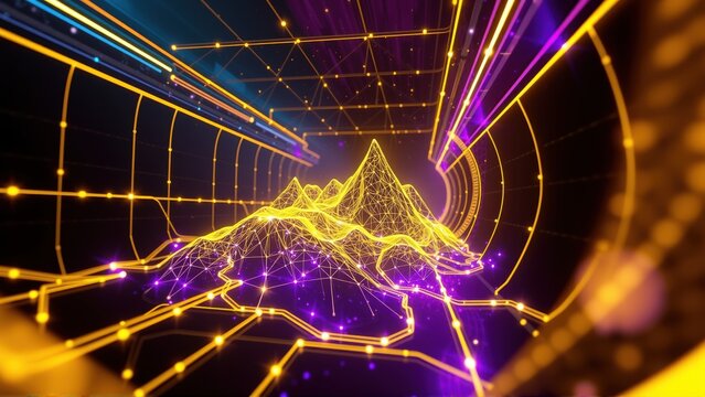 Vibrant neon landscape. Wireframe mountains glow within tunnel. Futuristic digital art, intense colors, dark background.