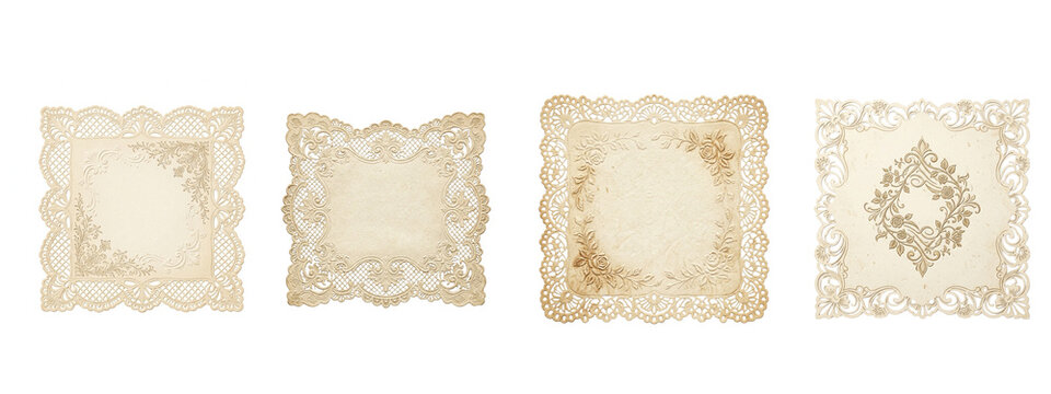 Set of elegant vintage lace frames and ornate decorative borders with floral motifs and Victorian scrollwork, antique paper texture design elements isolated on transparent background