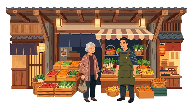 Elderly woman shopping at a traditional Japanese shopping street