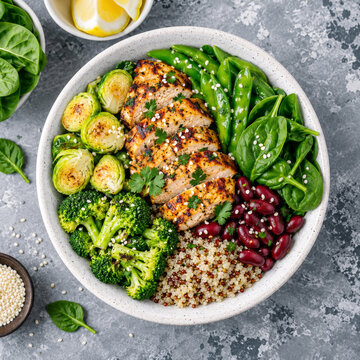 Healthy buddha bowl lunch with grilled chicken