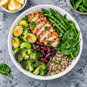 Healthy buddha bowl lunch with grilled chicken