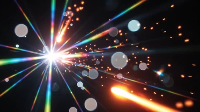 Abstract Light Explosion: A dazzling burst of abstract light emanates from a central point, creating a vibrant spectrum of colors and bokeh effects, suggesting energy and dynamism.