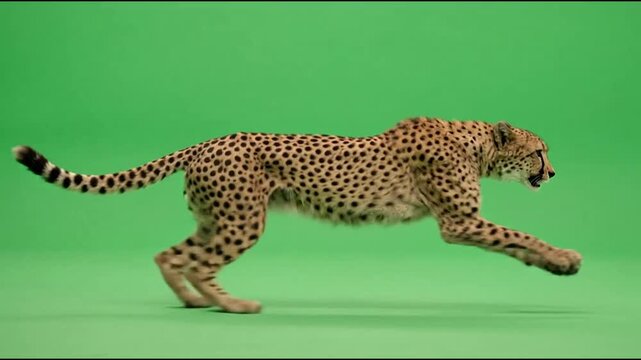 A cheetah running fast isolated on a green screen background