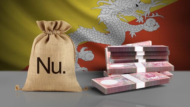 Bhutan ngultrum Banknote Bundles Falling onto a Surface with Bhutan National Flag Background, 3D Money Animation in Slow Motion for Currency, Banking and Financial Business Concepts