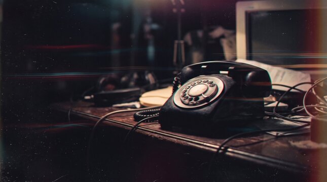 Vintage black rotary telephone sitting on a cluttered wooden office desk at night.