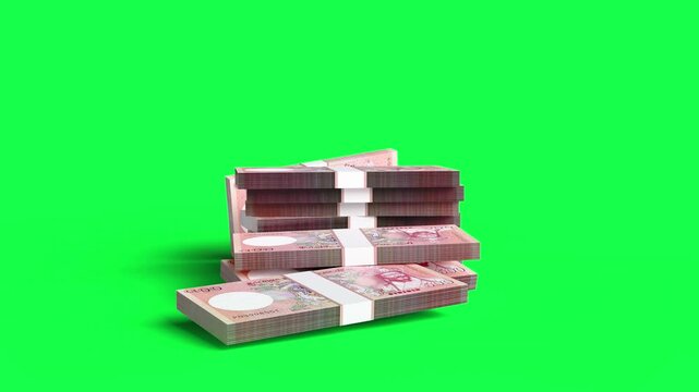 Bhutan ngultrum Banknote Bundles Falling and Forming Stacks on Green Background in Slow Motion, 3D Money Animation for Finance, Banking and Investment Concepts