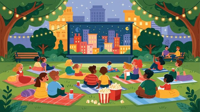 Children watching animated city buildings movie on outdoor screen during twilight in park with fairy lights and popcorn