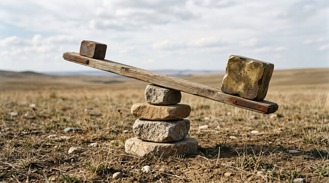 Wooden seesaw balancing metal weights on stacked stones outdoors representing financial balance and risk. Concept of scales, balance concept, leverage, risk management, stability, comparison.
