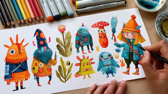 Whimsical fantasy creatures and plants drawn with colorful markers and watercolors on white paper during illustration process