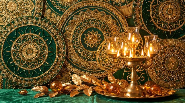 Traditional Diwali oil lamp diya with golden mandala background and festive decorations for Indian festival of lights celebration