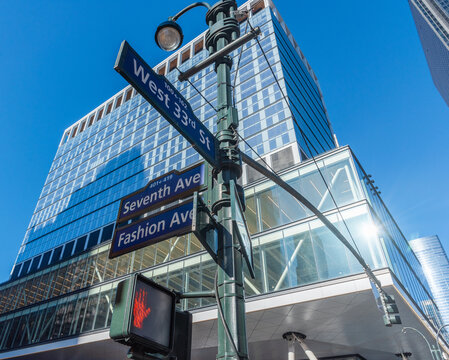 West 33rd Street Seventh Avenue and Fashion Avenue street signs in Manhattan
