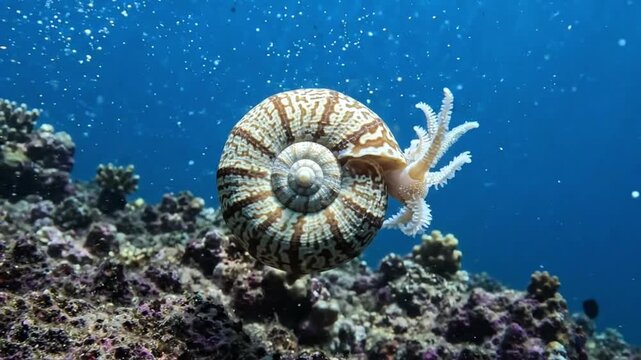 Sea Snail on Coral Reef: A magnificent sea snail, its shell adorned with intricate patterns, clings to a vibrant coral reef in the deep blue ocean. Capturing the silent beauty of underwater life.