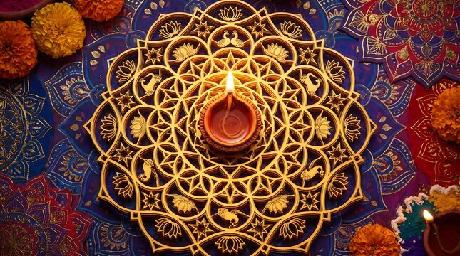 Glowing Diya lamp placed on an intricate golden mandala pattern with marigold flowers for Diwali festival celebration background