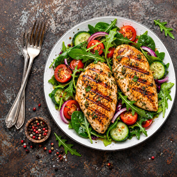 Grilled chicken breast. Fried chicken fillet and fresh vegetable salad of tomatoes,