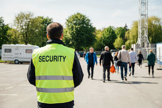 Security guard in high visibility vest watching crowd photo illustration   