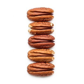 Stack of five raw organic pecan nuts isolated on white background
