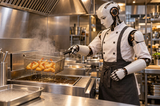 Humanoid Robot Chef Lifting a Basket of Fried Shrimp from a Commercial Deep Fryer