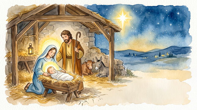 Mary and Joseph watch over baby Jesus in a wooden manger inside a humble stable while a bright star shines over the night landscape of Bethlehem in