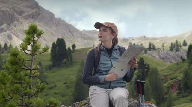 Female hiker sitting on rock reading paper map and enjoying mountain landscape front view