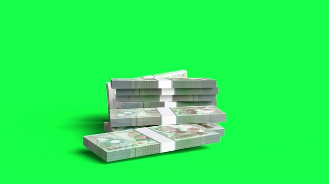 Brunei dollar Banknote Bundles Falling and Forming Stacks on Green Background in Slow Motion, 3D Money Animation for Finance, Banking and Investment Concepts