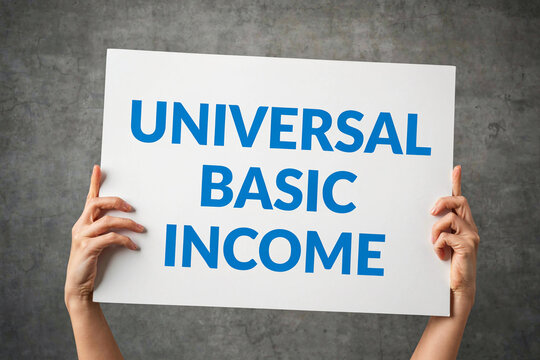 Universal basic income sign held by hands photo