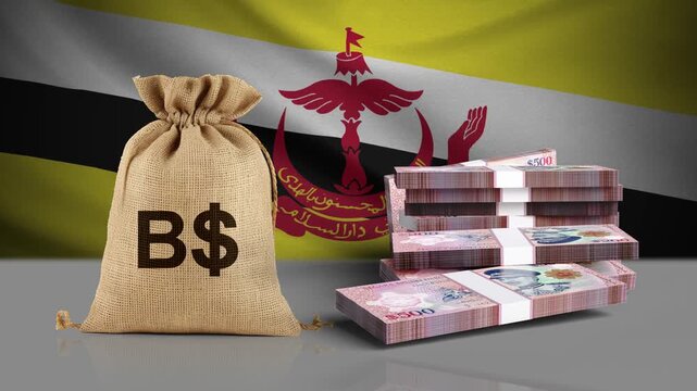 Brunei dollar Banknote Bundles Falling onto a Surface with Brunei National Flag Background, 3D Money Animation in Slow Motion for Currency, Banking and Financial Business Concepts