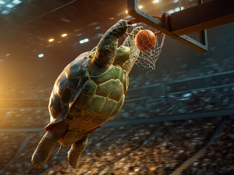 Close-up shot of an animated, mid-jump turtle dunking a basketball in a basketball arena The turtles green shell contrasts with its lighter underbelly and the white ball it holds Dra - AI-Generated
