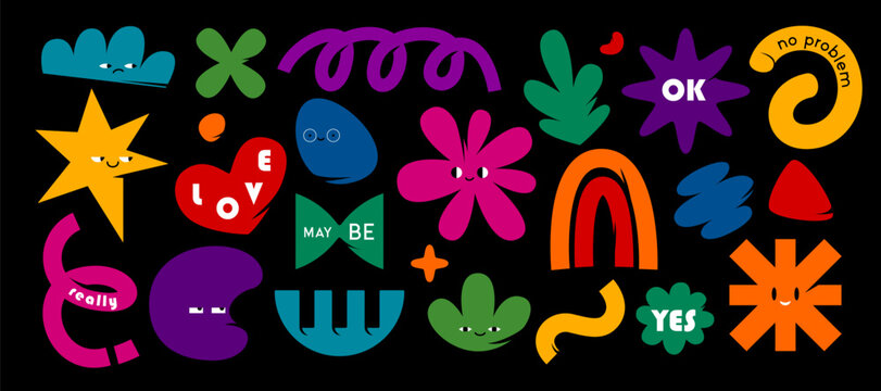 Abstract shape vector graphic set with colorful modern elements, funny characters, cute icons. Vibrant trendy design assets isolated on black background for creative projects