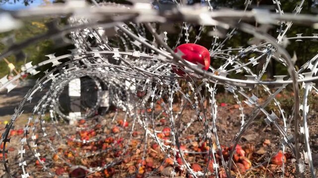 Egoza, razor wire, barbed steel spiral, Bruno coil enclosing red apple, metaphor of war, border, conflict, fragile life trapped in cold metallic barrier