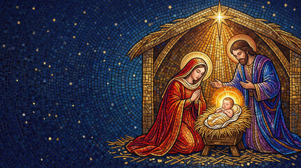 Fototapeta premium Holy family gathered inside a wooden stable during the night while bright stars shine in the background as Mary and Joseph look upon baby Jesus in a