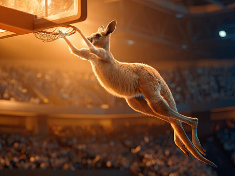 Digital illustration depicting a realistic kangaroo mid-air dunk in a crowded basketball arena, under bright stadium lighting Vibrant colors dominate the scene with reds and oranges pr - AI-Generated