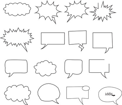 Set of hand drawn speech bubbles and cartoon comic thought clouds