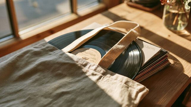 Black vinyl record partially covered by a beige canvas tote bag on a wooden table near a sunlit window, retro music lover lifestyle, vintage analog sound, warm nostalgic mood, close up still life