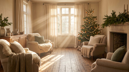 Fototapeta premium sunlit living room with christmas tree and rustic decor